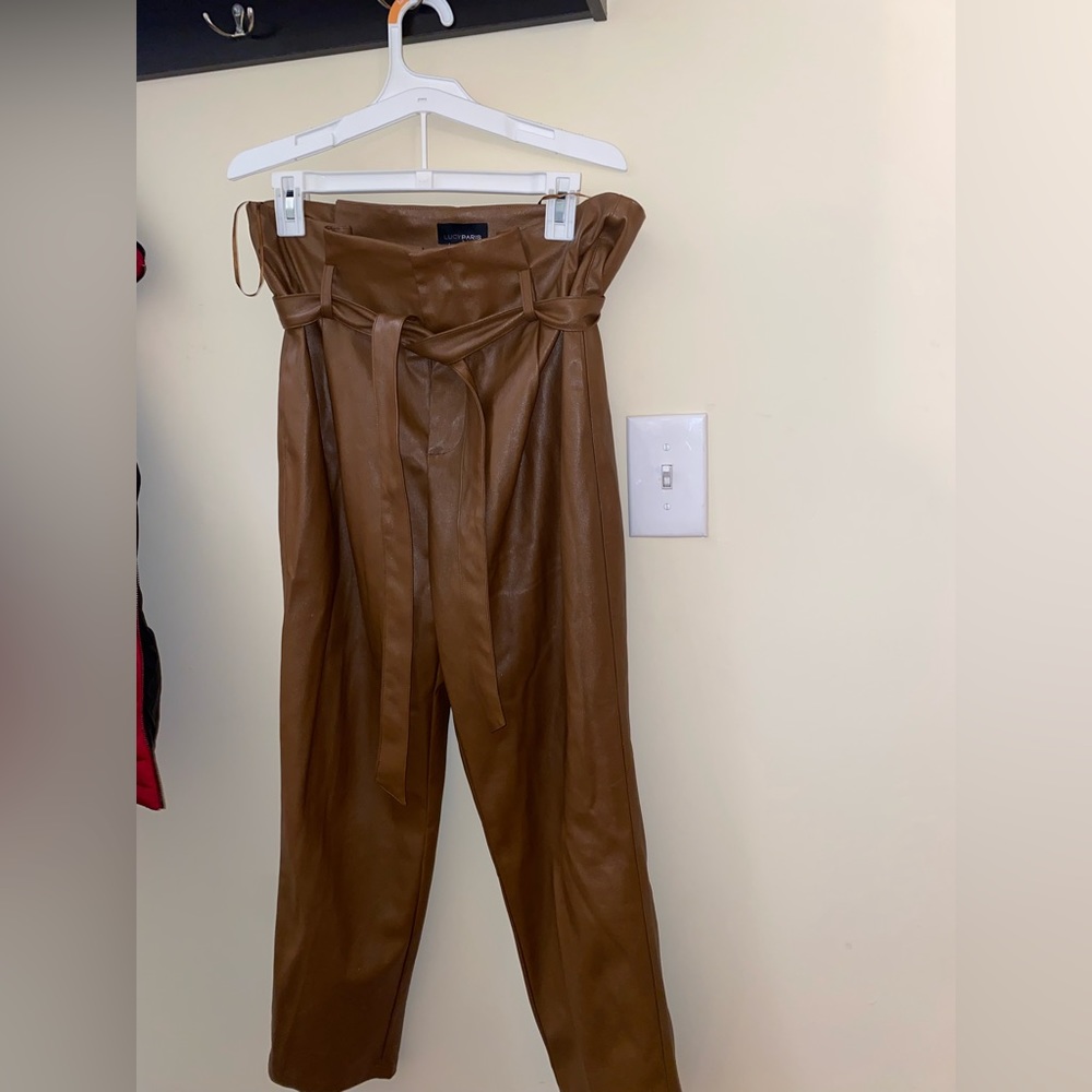 Lucy Paris - Faux Leather Paperbag-Waist Pants